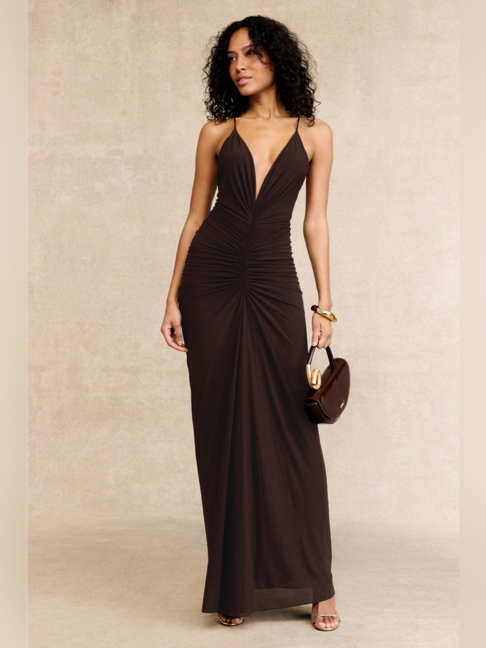 Ronnyโ Kobo Anya V-Neck Column Jersey Maxi Dress in chocolate size